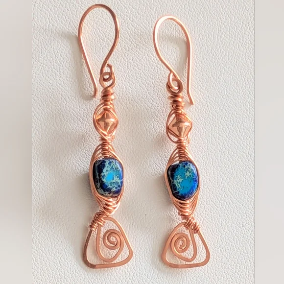 Eclectic Copper Earrings Vibrant Coastal Blue Jasper Artisan Crafted Jewelry - Picture 10 of 11